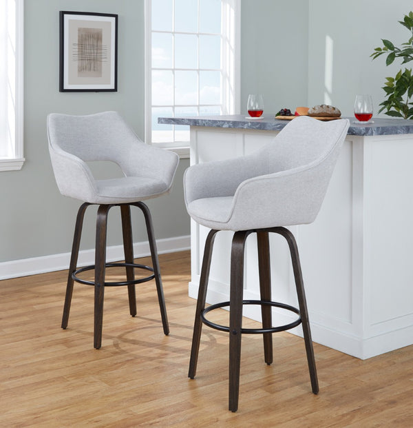 English Elm 30" Mid-century Swivel Barstools Walnut Bentwood Legs Grey Upholstered Seat Set of 2 B202P291145