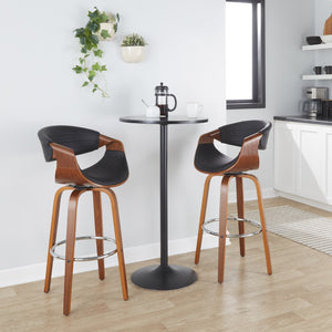 English Elm 30 Inch Mid-Century Swivel Barstools Walnut Tapered Legs Faux Leather Set of 2 Black B202P291146