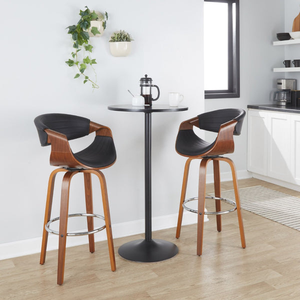 English Elm 30 Inch Mid-Century Swivel Barstools Walnut Tapered Legs Faux Leather Set of 2 Black B202P291146