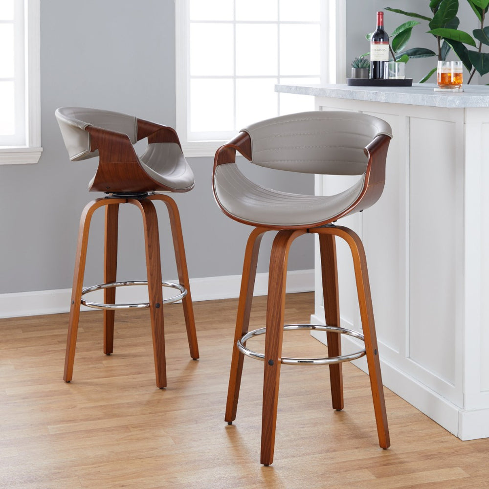 English Elm 30 Inch Mid-Century Swivel Barstools Walnut Tapered Legs Faux Leather Set of 2 Gray B202P291147