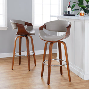 English Elm 30 Inch Mid-Century Swivel Barstools Walnut Tapered Legs Faux Leather Set of 2 Gray B202P291147