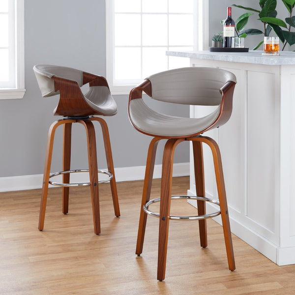 English Elm 30 Inch Mid-Century Swivel Barstools Walnut Tapered Legs Faux Leather Set of 2 Gray B202P291147