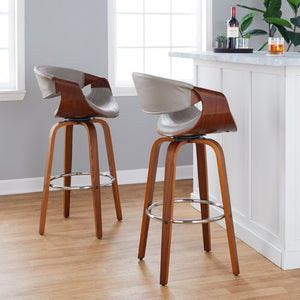 English Elm 30 Inch Mid-Century Swivel Barstools Walnut Tapered Legs Faux Leather Set of 2 Gray B202P291147
