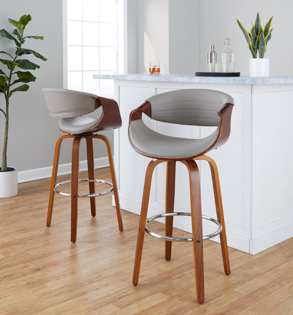 English Elm 30 Inch Mid-Century Swivel Barstools Walnut Tapered Legs Faux Leather Set of 2 Gray B202P291147