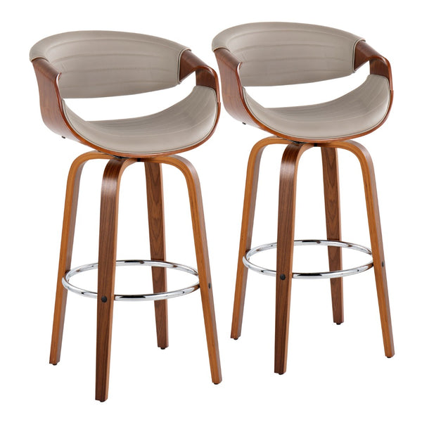 English Elm 30 Inch Mid-Century Swivel Barstools Walnut Tapered Legs Faux Leather Set of 2 Gray B202P291147