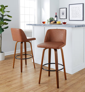 English Elm 30 Inch Mid-Century Swivel Barstools Set of 2 Walnut Legs Faux Leather Seating Black B202P291149