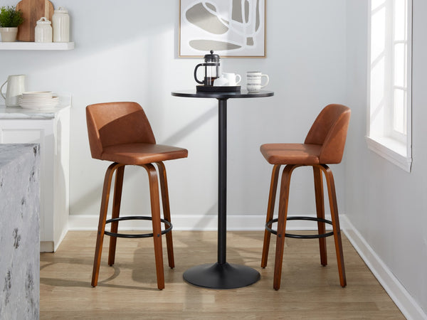 English Elm 30 Inch Mid-Century Swivel Barstools Set of 2 Walnut Legs Faux Leather Seating Black B202P291149