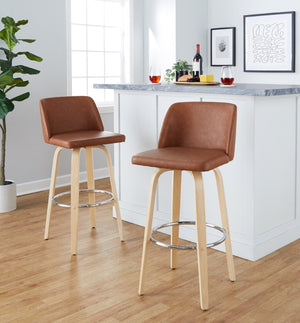 English Elm 30 Inch Swivel Barstool Set of 2 Bentwood Faux Leather Seat for Kitchen Islands Natural Chrome B202P291151
