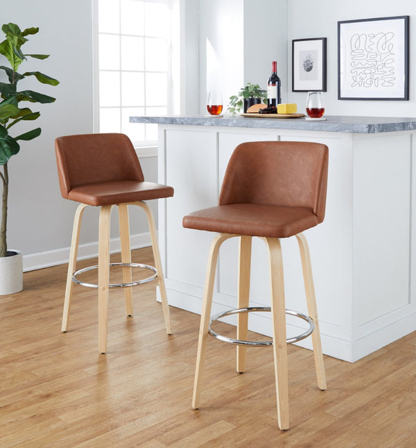 English Elm 30 Inch Swivel Barstool Set of 2 Bentwood Faux Leather Seat for Kitchen Islands Natural Chrome B202P291151