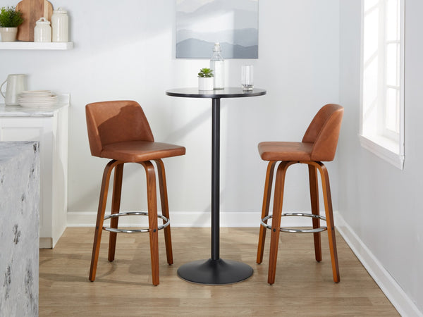 English Elm 30 Inch Mid-Century Swivel Barstools Set of 2 Walnut Legs Faux Leather Seating Chrome B202P291152