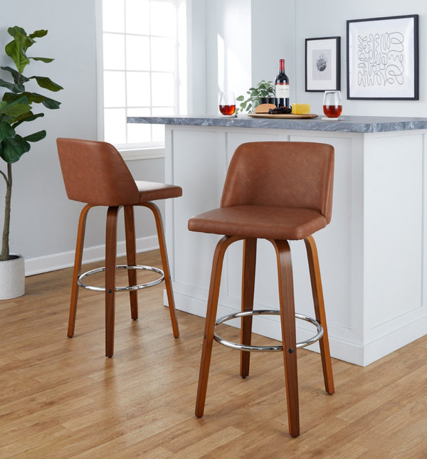 English Elm 30 Inch Mid-Century Swivel Barstools Set of 2 Walnut Legs Faux Leather Seating Chrome B202P291152