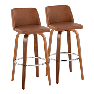 English Elm 30 Inch Mid-Century Swivel Barstools Set of 2 Walnut Legs Faux Leather Seating Chrome B202P291152