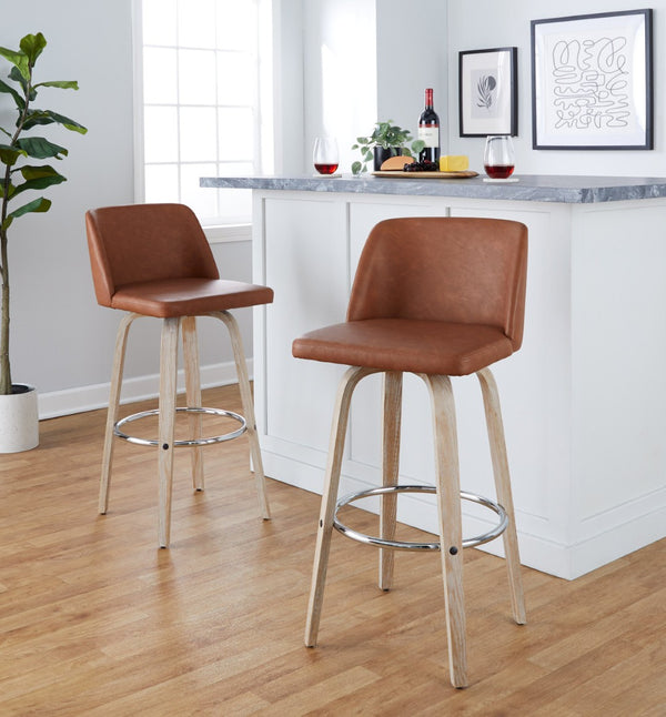 English Elm 30 Inch Swivel Barstool Set of 2 Bentwood Faux Leather Seat for Kitchen Islands Whitewashed Chrome B202P291153