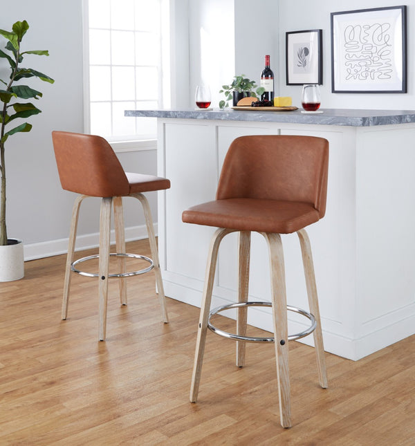 English Elm 30 Inch Swivel Barstool Set of 2 Bentwood Faux Leather Seat for Kitchen Islands Whitewashed Chrome B202P291153