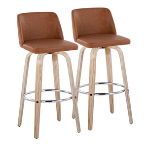 English Elm 30 Inch Swivel Barstool Set of 2 Bentwood Faux Leather Seat for Kitchen Islands Whitewashed Chrome B202P291153