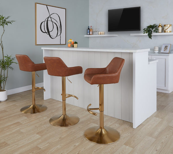 English Elm Contemporary Swivel Barstool Set Faux Leather Seat Gold Pedestal Base for Kitchen Islands Camel B202P291154