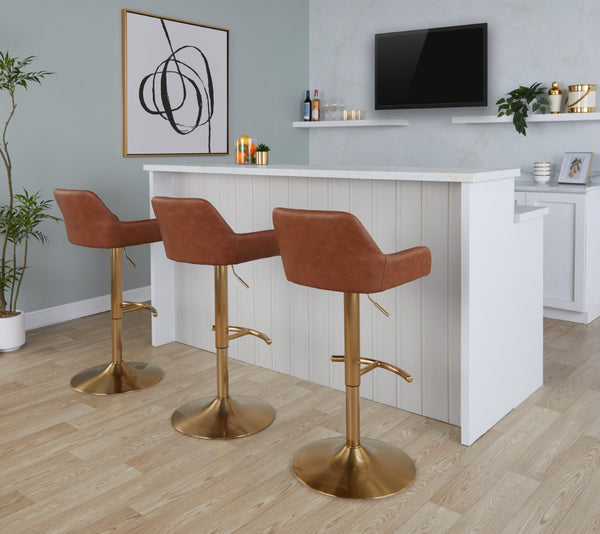 English Elm Contemporary Swivel Barstool Set Faux Leather Seat Gold Pedestal Base for Kitchen Islands Camel B202P291154