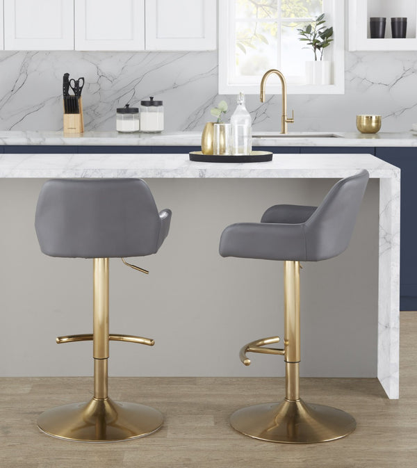 English Elm Contemporary Swivel Barstool Set Faux Leather Seat Gold Pedestal Base for Kitchen Islands Gray B202P291155