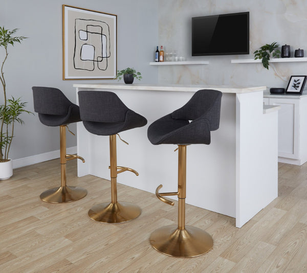 English Elm Contemporary Swivel Barstools with Gold Metal Base and Textured Fabric Set of 2 Charcoal B202P291161