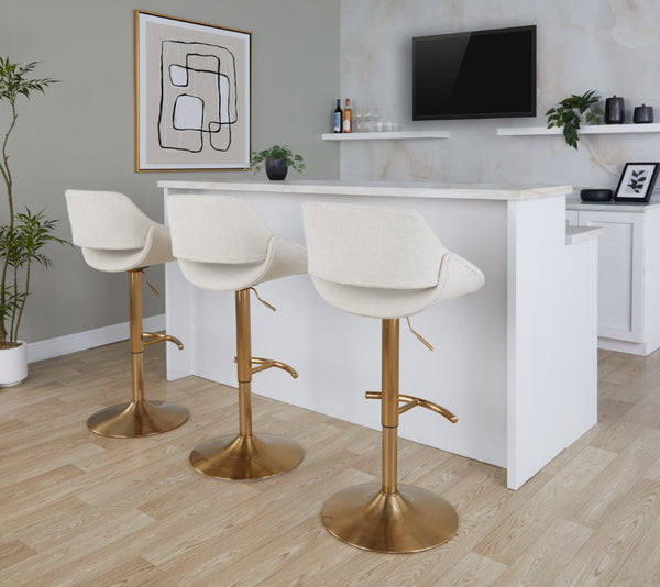 English Elm Contemporary Swivel Barstools with Gold Metal Base and Textured Fabric Set of 2 Cream B202P291162