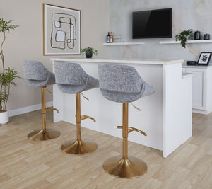 English Elm Contemporary Swivel Barstools with Gold Metal Base and Textured Fabric Set of 2 Gray B202P291163