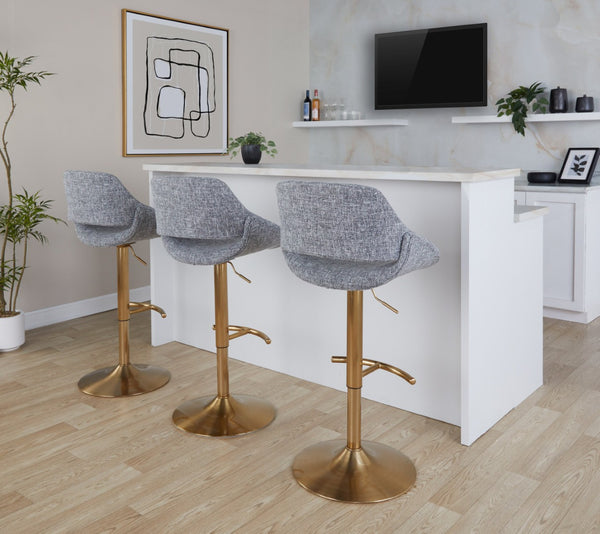 English Elm Contemporary Swivel Barstools with Gold Metal Base and Textured Fabric Set of 2 Gray B202P291163
