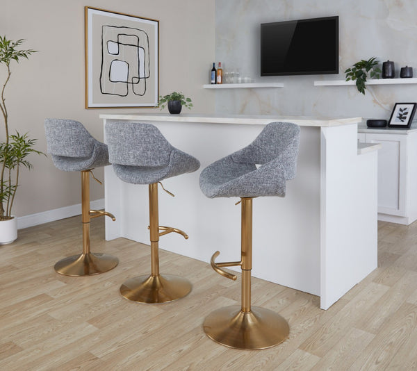 English Elm Contemporary Swivel Barstools with Gold Metal Base and Textured Fabric Set of 2 Gray B202P291163