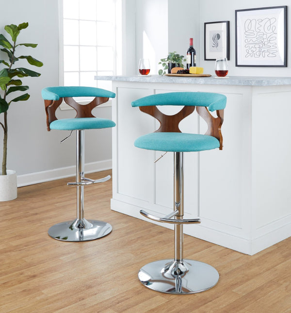 English Elm Mid-Century Swivel Adjustable Barstools with Walnut Accents and Chrome Base Set of 2 Teal B202P291178