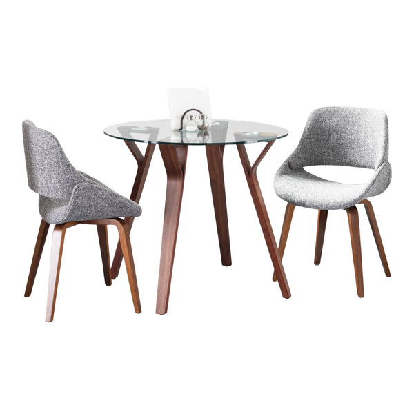 English Elm Folia 3 Piece Round Glass Top Dining Set with Walnut Legs and Grey Upholstered Chairs B202P291185
