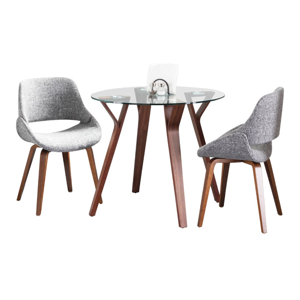 English Elm Folia 3 Piece Round Glass Top Dining Set with Walnut Legs and Grey Upholstered Chairs B202P291185