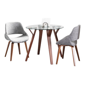 English Elm Folia 3 Piece Round Glass Top Dining Set with Walnut Legs and Grey Upholstered Chairs B202P291185