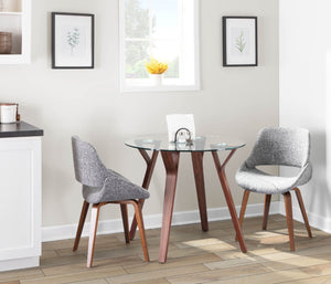 English Elm Folia 3 Piece Round Glass Top Dining Set with Walnut Legs and Grey Upholstered Chairs B202P291185