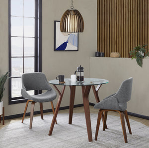 English Elm Folia 3 Piece Round Glass Top Dining Set with Walnut Legs and Grey Upholstered Chairs B202P291185