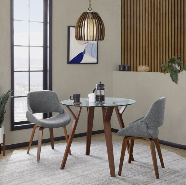 English Elm Folia 3 Piece Round Glass Top Dining Set with Walnut Legs and Grey Upholstered Chairs B202P291185
