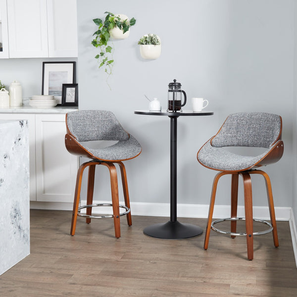 English Elm 24 Inch Swivel Counterstools Set of 2 Walnut Legs Grey Fabric Chrome Footrest B202P291499