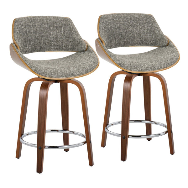 English Elm 24 Inch Swivel Counterstools Set of 2 Walnut Legs Grey Fabric Chrome Footrest B202P291499
