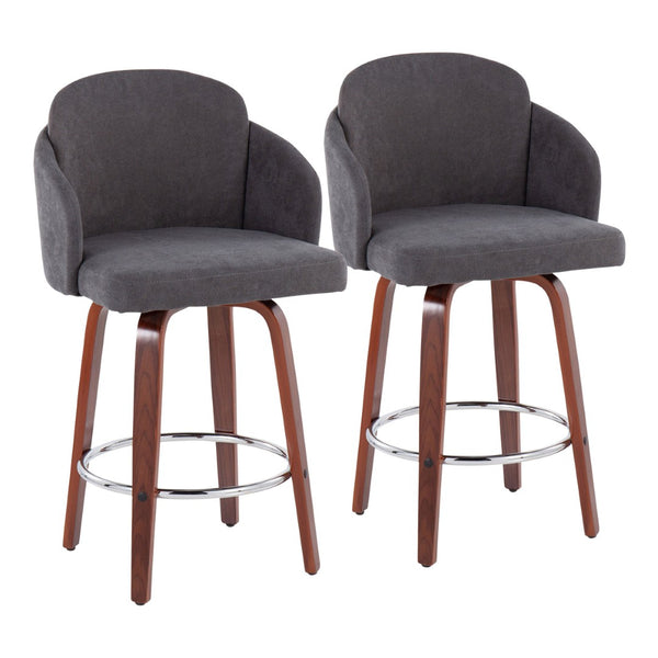 English Elm Contemporary Swivel Counter Stools with Walnut Legs Grey Upholstery and Chrome Footrest B202P291501