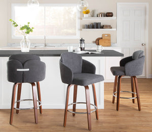 English Elm Contemporary Swivel Counter Stools with Walnut Legs Grey Upholstery and Chrome Footrest B202P291501