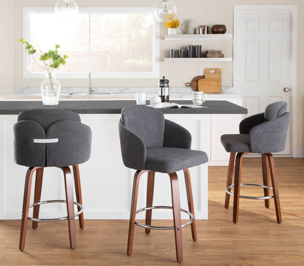 English Elm Contemporary Swivel Counter Stools with Walnut Legs Grey Upholstery and Chrome Footrest B202P291501