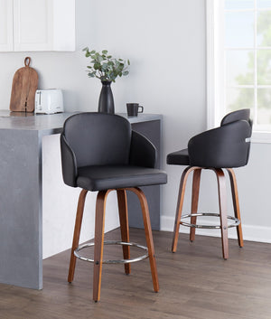 English Elm Contemporary Swivel Counterstools with Walnut Legs Faux Leather Seats Chrome Footrest B202P291502