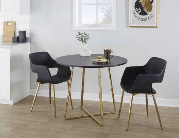 English Elm 1 Round Glam Dining Table with Gold Sculptural Base for Intimate Modern Spaces Black B202P291531