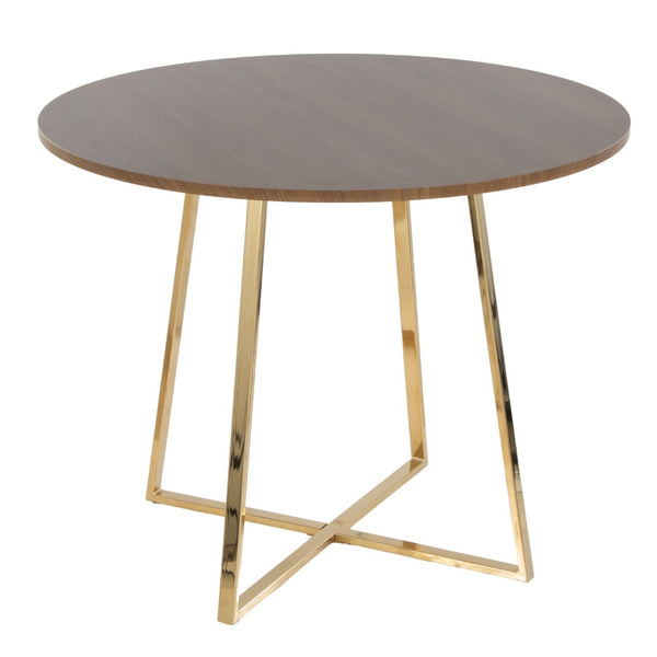 English Elm 1 Round Glam Dining Table with Gold Sculptural Base for Intimate Modern Spaces Walnut B202P291533
