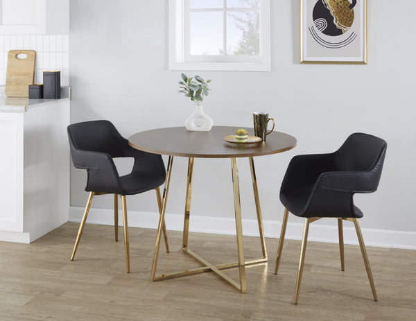 English Elm 1 Round Glam Dining Table with Gold Sculptural Base for Intimate Modern Spaces Walnut B202P291533