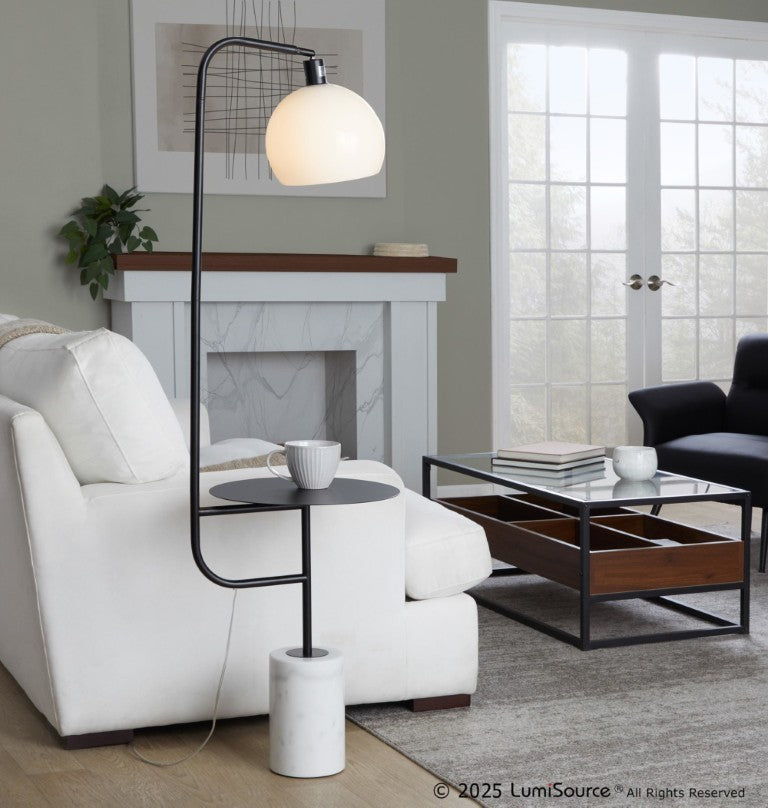 English Elm Metal Floor Lamp with Marble Base Glass Shade and Built-In Shelf for Living Room B202P471655