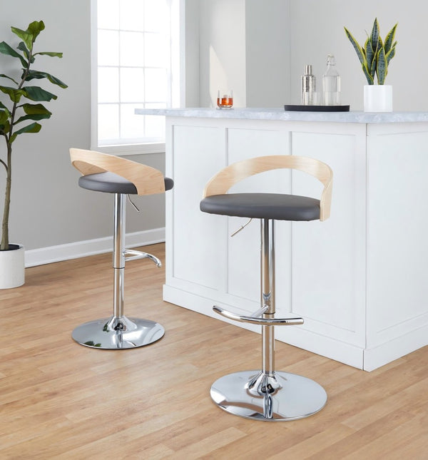 English Elm Adjustable Backless Barstool Set of Three with Faux Leather Seat and Chrome Swivel Base Natural & Grey B202P473647