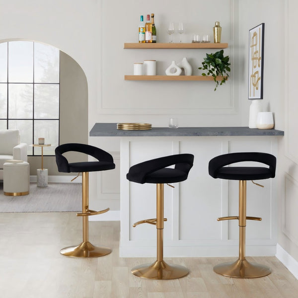 English Elm Adjustable Velvet Swivel Barstools with Gold Base Set of Three for Kitchen Islands B202P473665