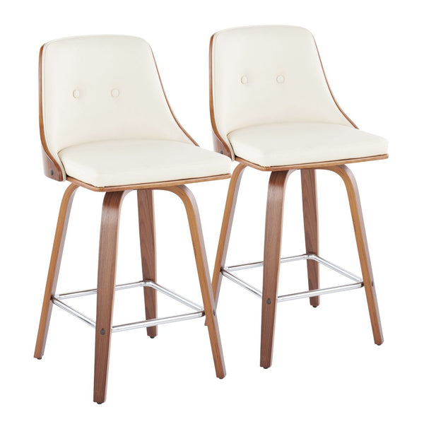 English Elm Mid-Century Modern Swivel Counter Stools Tufted Faux Leather Walnut Bentwood Set of 2 B202S00305