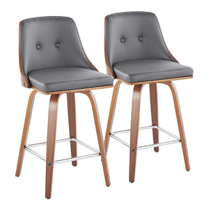 English Elm Mid-Century Swivel Counter Stools Walnut Tapered Legs Tufted Faux Leather Set of 2 Grey B202S00306