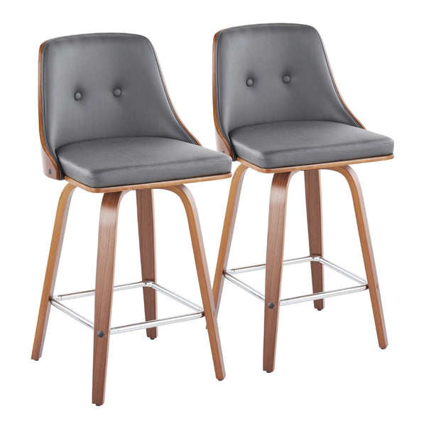 English Elm Mid-Century Swivel Counter Stools Walnut Tapered Legs Tufted Faux Leather Set of 2 Grey B202S00306