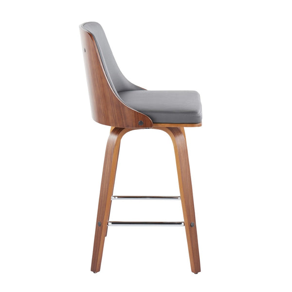 English Elm Mid-Century Swivel Counter Stools Walnut Tapered Legs Tufted Faux Leather Set of 2 Grey B202S00306